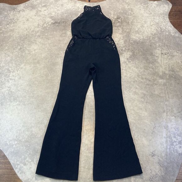 Rachel Zoe Lou Jumpsuit Womens 2 Black Sequin Neck Pockets Halter Neck Open Back